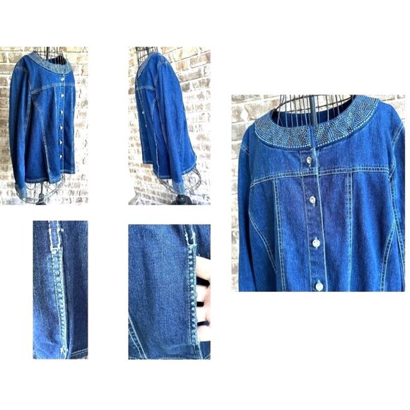 Vintage Quacker Factory Jean Jacket Large Blue Denim Embellished Front B… - Picture 10 of 12